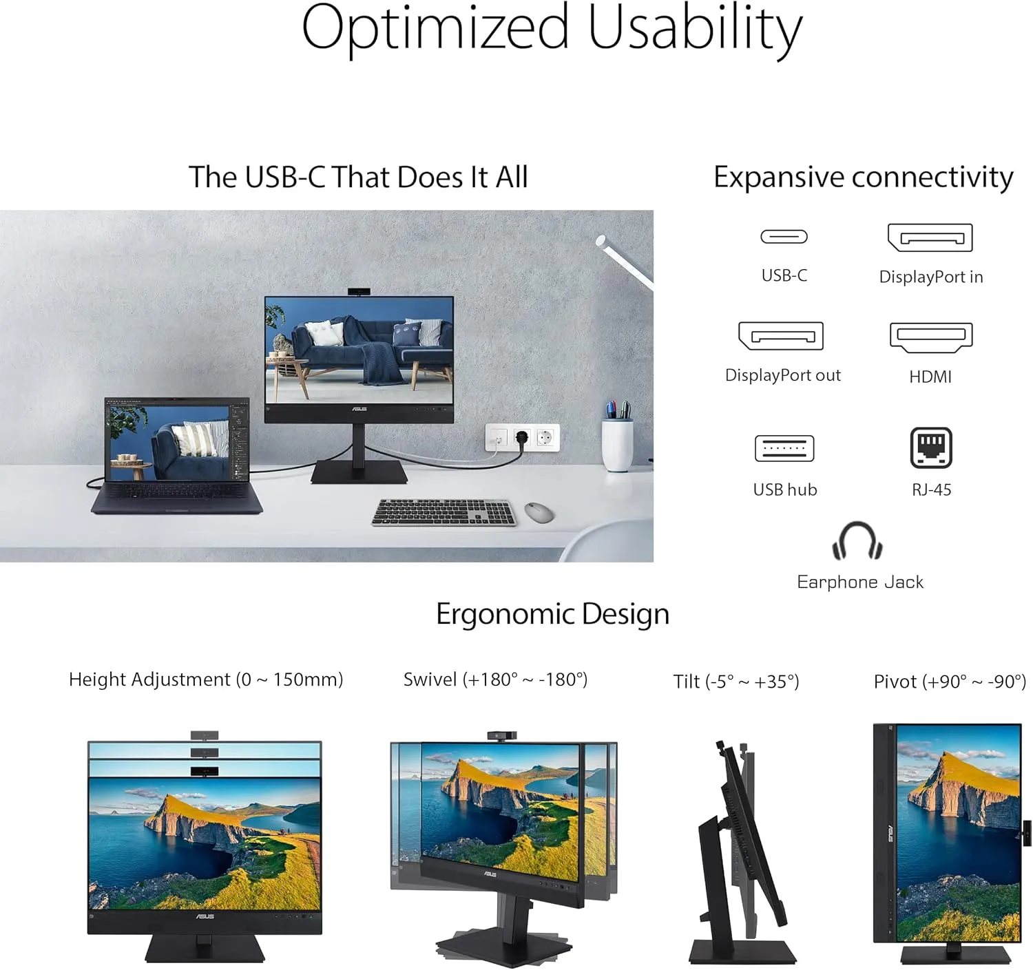 ASUS 23.8” 1080P Video Conferencing Monitor (BE24ECSNK) - Full HD, IPS, Built-in Adjustable 2MP Webcam, AI Noise-canceling Mic, Eye Care, USB-C Docking, RJ45, Height Adjustable, HDMI, Zoom Certified