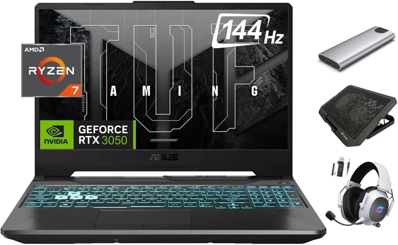 ASUS TUF 2024 A15 Gaming Laptop, 15.6" 144Hz FHD, 8-Core Ryzen 7 7435HS (Beats i7-13620H), NVIDIA RTX 3050 GPU, 16GB RAM, 1TB SSD   256GB Portable SSD, RGB KB, RJ45, Keypad, Win 11