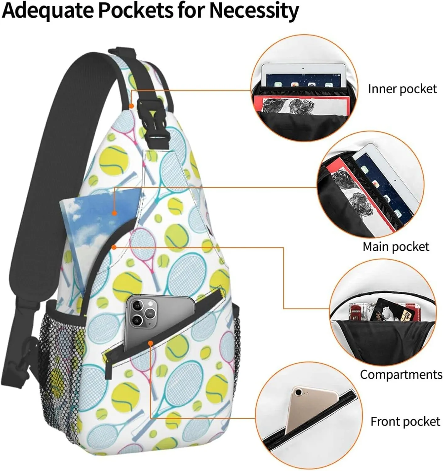 ASYG Tennis Sling Bag Sport Crossbody Chest Daypack Casual Backpack Tennis Shoulder Bag For Travel Picnic