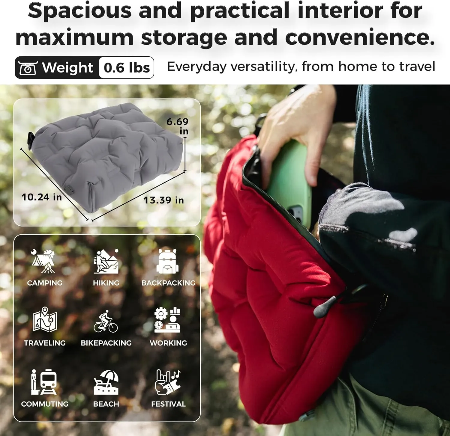 ATEPA 4-in-1 Inflatable Pillow, Ultralight Portable Inflatable Seat Cushion Neck & Lumbar Support Crossbody Bag with Zippered Protection, Convertible Strap for Travel Hiking Airplane Backpacking Beach