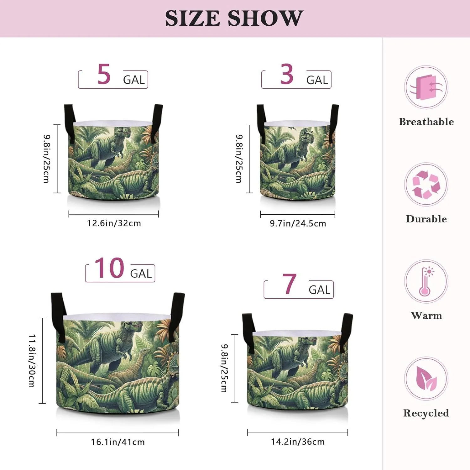 Augenstern Planters Pot with Handles Jurassic-Dinosaur-Lover Plant Grow Bag Movable Raised Garden Bed