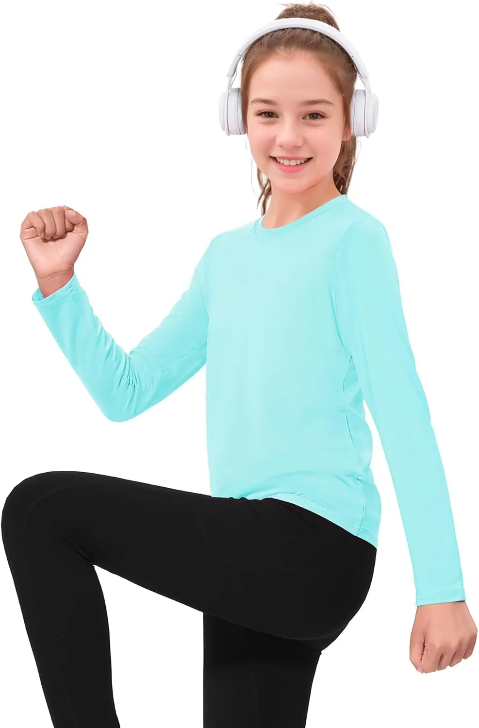 Auranso Girls Long Sleeve Shirts 3 Pack Quick Dry Athletic Tops Active Shirts for Girls