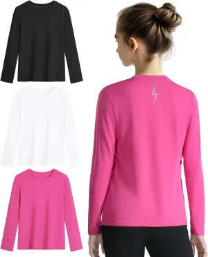 Auranso Girls Long Sleeve Shirts 3 Pack Quick Dry Athletic Tops Active Shirts for Girls