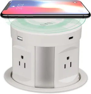 Automatic Pop up Outlet, Wireless Charger Power Strip Surge Protector Recessed Outlet, 4 AC Plug   Type-A and Type-C USB Port Outlets for Countertop Kitchen Island Conference Workbench, ETL Listed