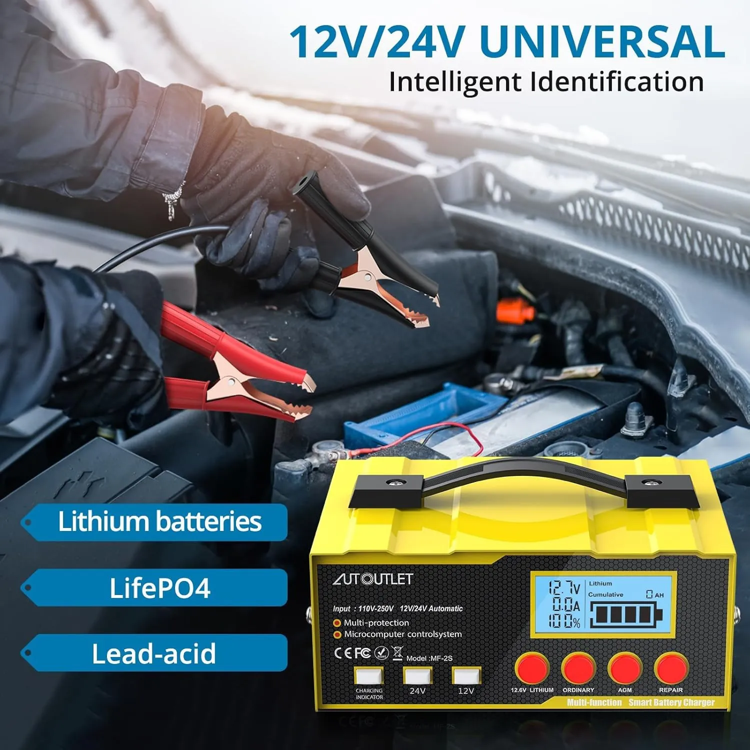 AUTOUTLET Versatile 12V/24V Battery Charger and Maintainer with Smart LCD Display, 12A Automotive Battery Charger for Lead Acid, Lithium Batteries, LifePO4, AGM