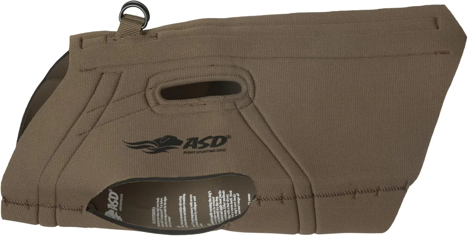 Avery Boater's Dog Parka - Waterfowl Duck Hunting Durable Zippered 5mm Neoprene Tapered Dog Coat with Integrated Carry Handles, Marsh Brown, Small