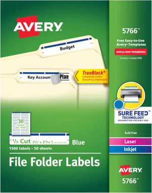 Avery TrueBlock File Folder Labels, 2/3" x 3-7/16", 1,500 Printable Labels, White/Blue, Permanent (5766)