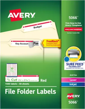 Avery TrueBlock File Folder Labels, 2/3" x 3-7/16", 1,500 Printable Labels, White/Red, Permanent (5066)
