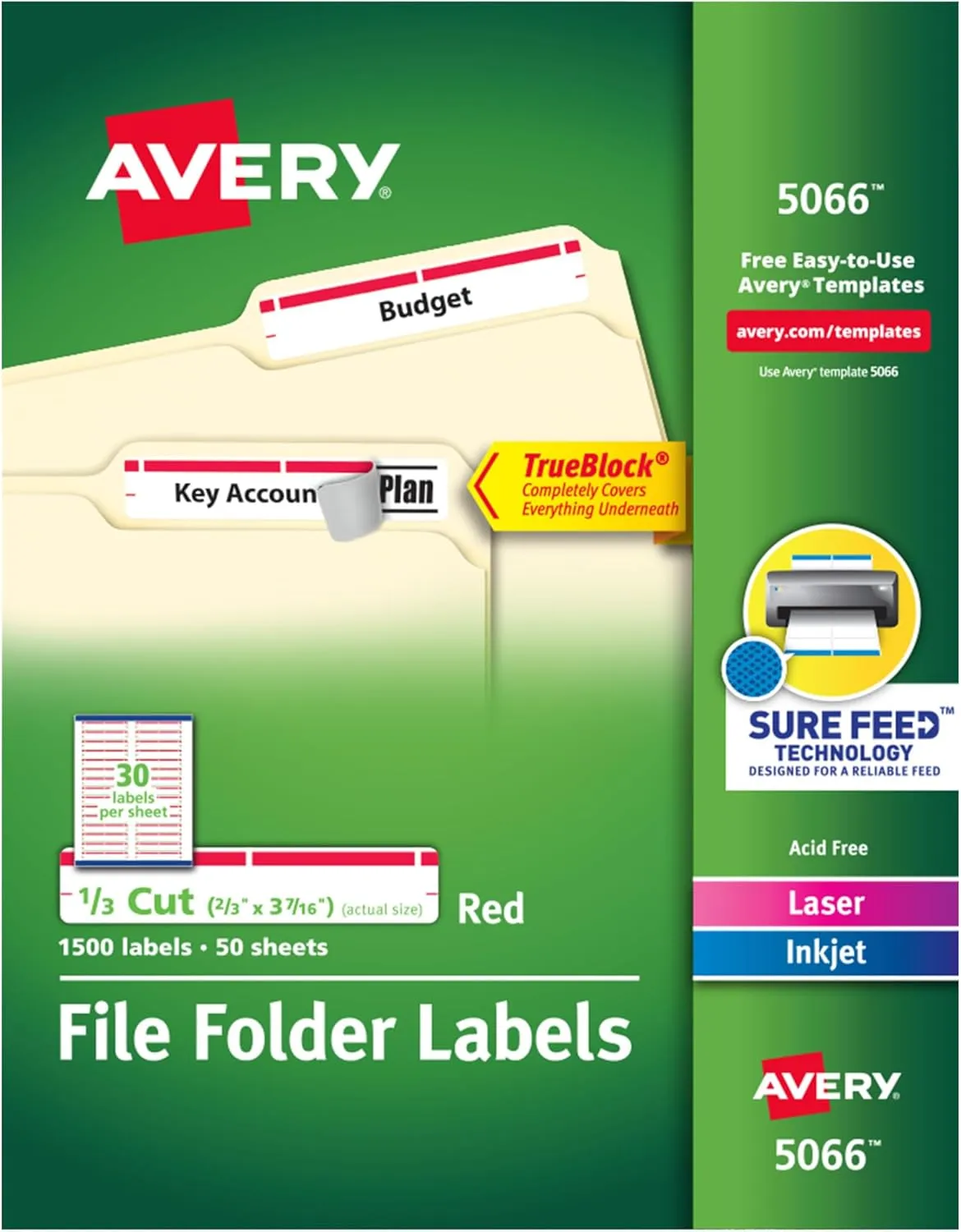 Avery TrueBlock File Folder Labels, 2/3" x 3-7/16", 1,500 Printable Labels, White/Red, Permanent (5066)