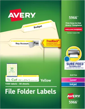 Avery TrueBlock File Folder Labels, 2/3" x 3-7/16", 1,500 Printable Labels, White/Yellow, Permanent (5966)