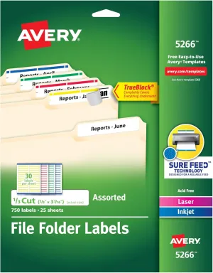 Avery TrueBlock File Folder Labels, 2/3" x 3-7/16", 750 Printable Labels, Assorted Colors, Permanent (5266)