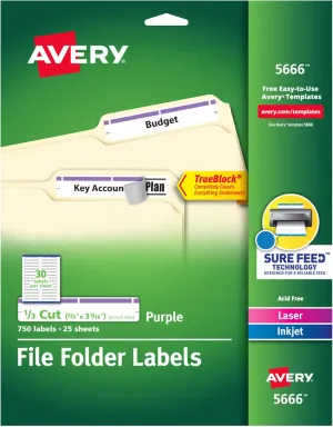 Avery TrueBlock File Folder Labels, 2/3" x 3-7/16", 750 Printable Labels, White/Purple, Permanent (5666)
