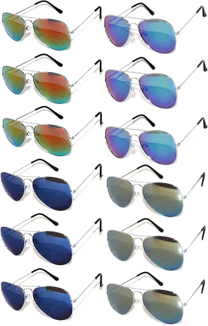 Aviator Silver Metal Frame Eyeglasses Full Mirror Lens Blue, Blue-Green, Red, Yellow -12 Pack OWL ®.