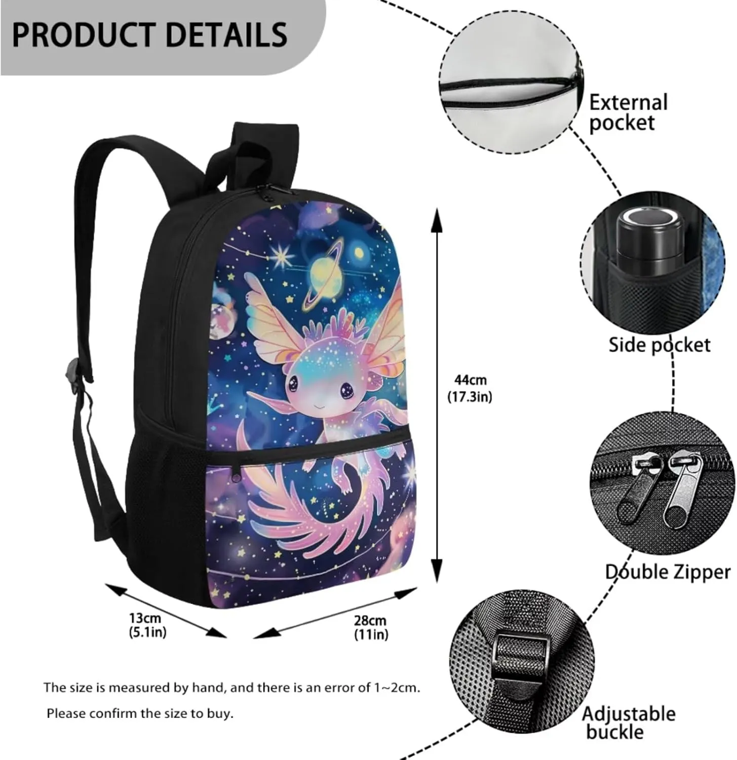 Axolotl Backpack for Girls 8-10 with Lunch Box 17 Inch School Bag and Lunch Bag Set Solar System Planet Bookbag/Lunchbox/Pencil Case/Water Bottle Holder Back to Elementary School