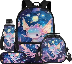 Axolotl Backpack for Girls 8-10 with Lunch Box 17 Inch School Bag and Lunch Bag Set Solar System Planet Bookbag/Lunchbox/Pencil Case/Water Bottle Holder Back to Elementary School
