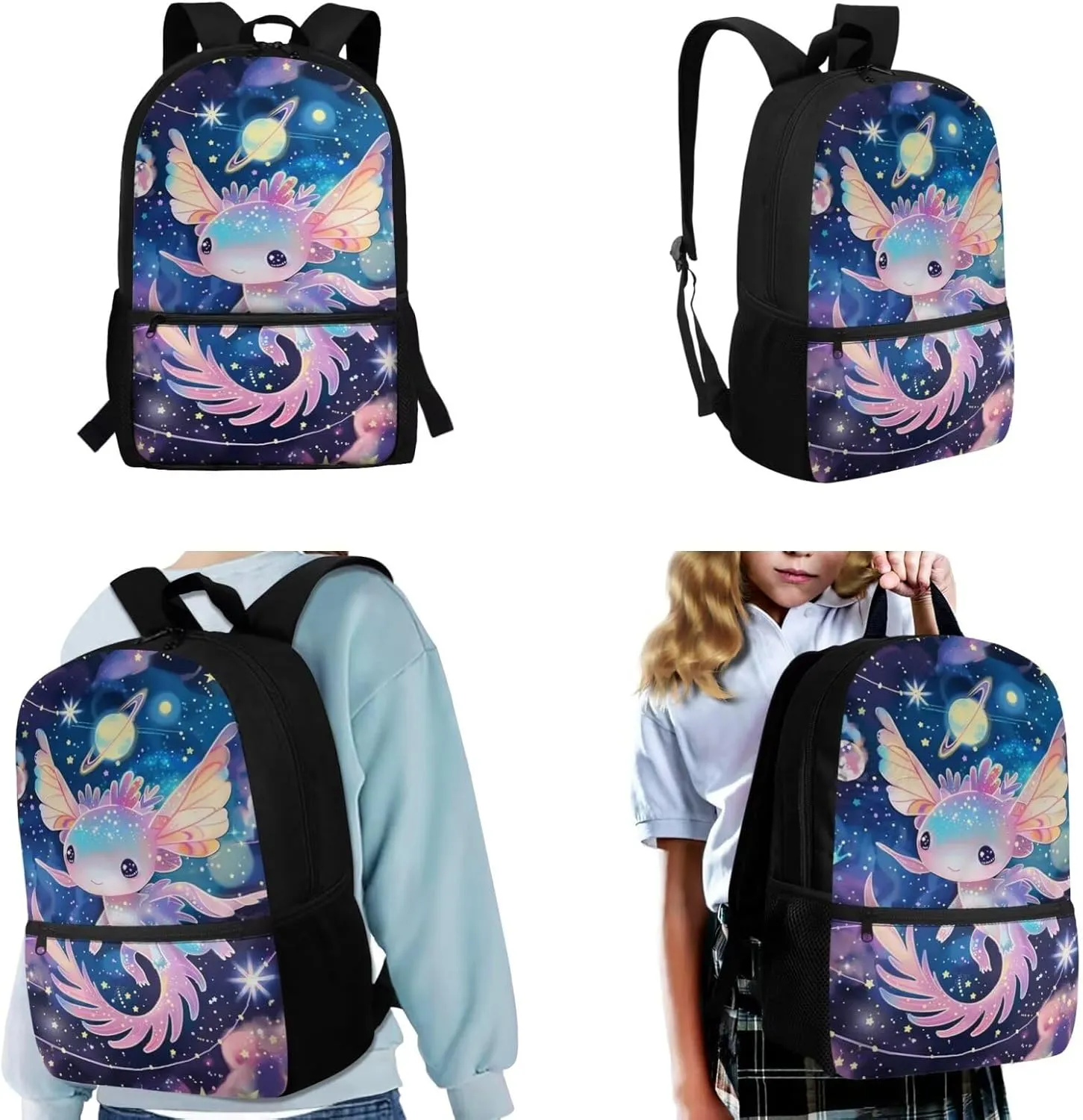 Axolotl Backpack for Girls 8-10 with Lunch Box 17 Inch School Bag and Lunch Bag Set Solar System Planet Bookbag/Lunchbox/Pencil Case/Water Bottle Holder Back to Elementary School
