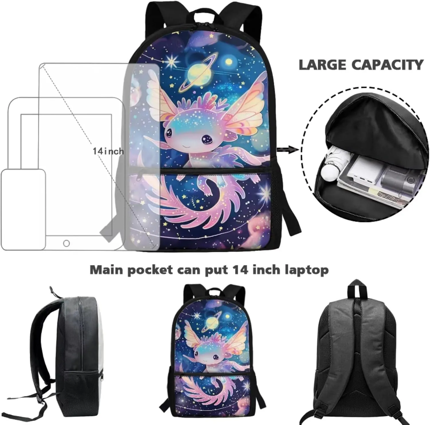 Axolotl Backpack for Girls 8-10 with Lunch Box 17 Inch School Bag and Lunch Bag Set Solar System Planet Bookbag/Lunchbox/Pencil Case/Water Bottle Holder Back to Elementary School