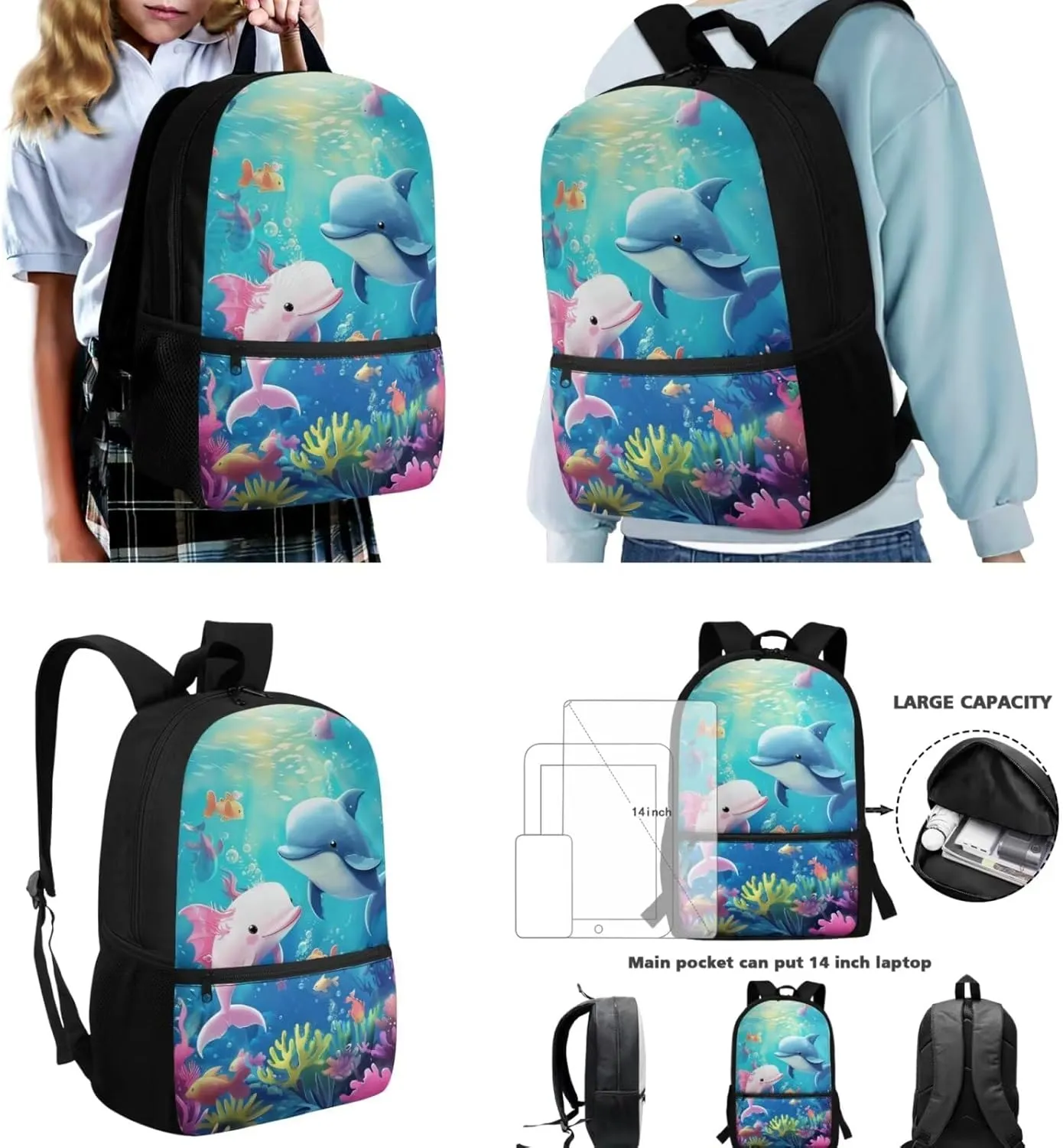 Axolotl Dolphin Backpack with Lunch Box Cute Backpacks Back to School for Girls 8 to 12 Kids Lunchbox Pencil Case 17 Inch School Bag and Lunch Bag for Girls Primary Middle School