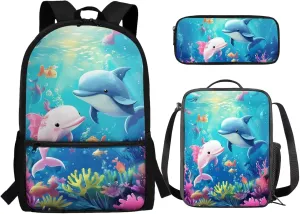 Axolotl Dolphin Backpack with Lunch Box Cute Backpacks Back to School for Girls 8 to 12 Kids Lunchbox Pencil Case 17 Inch School Bag and Lunch Bag for Girls Primary Middle School
