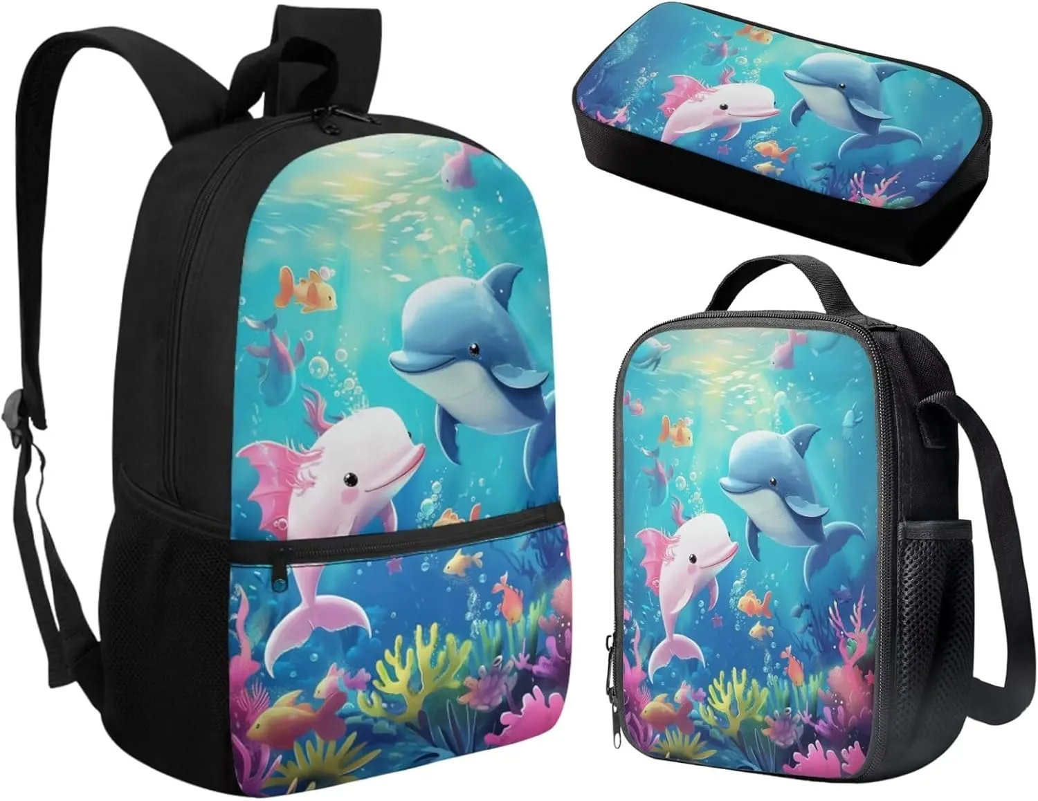 Axolotl Dolphin Backpack with Lunch Box Cute Backpacks Back to School for Girls 8 to 12 Kids Lunchbox Pencil Case 17 Inch School Bag and Lunch Bag for Girls Primary Middle School
