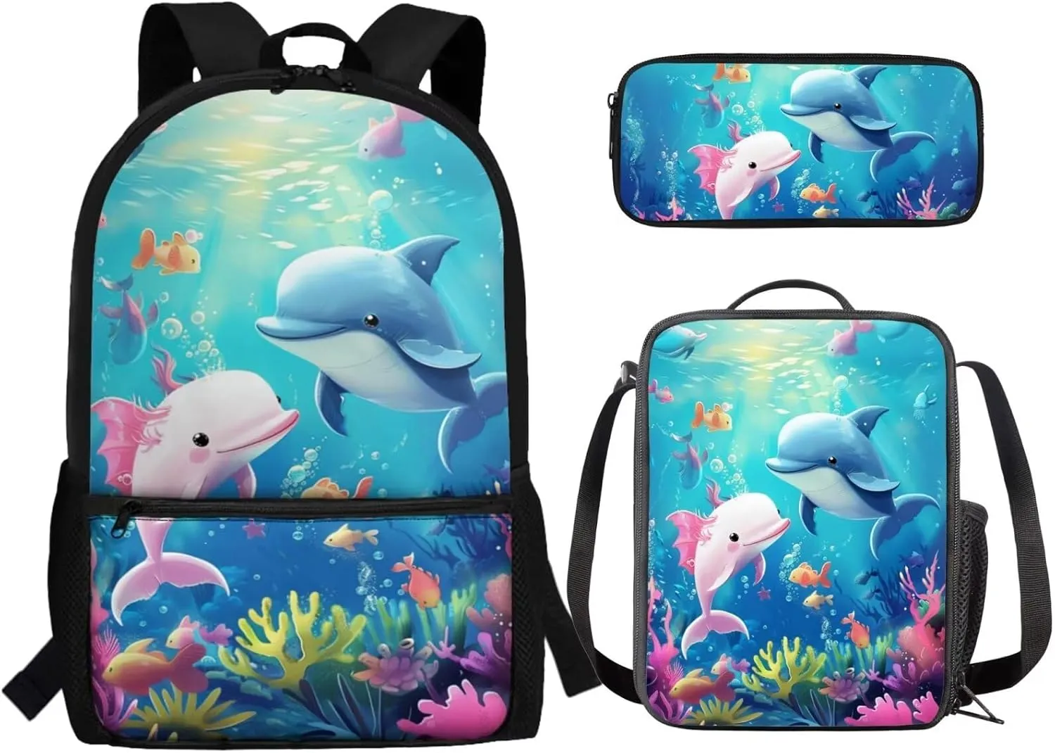 Axolotl Dolphin Backpack with Lunch Box Cute Backpacks Back to School for Girls 8 to 12 Kids Lunchbox Pencil Case 17 Inch School Bag and Lunch Bag for Girls Primary Middle School