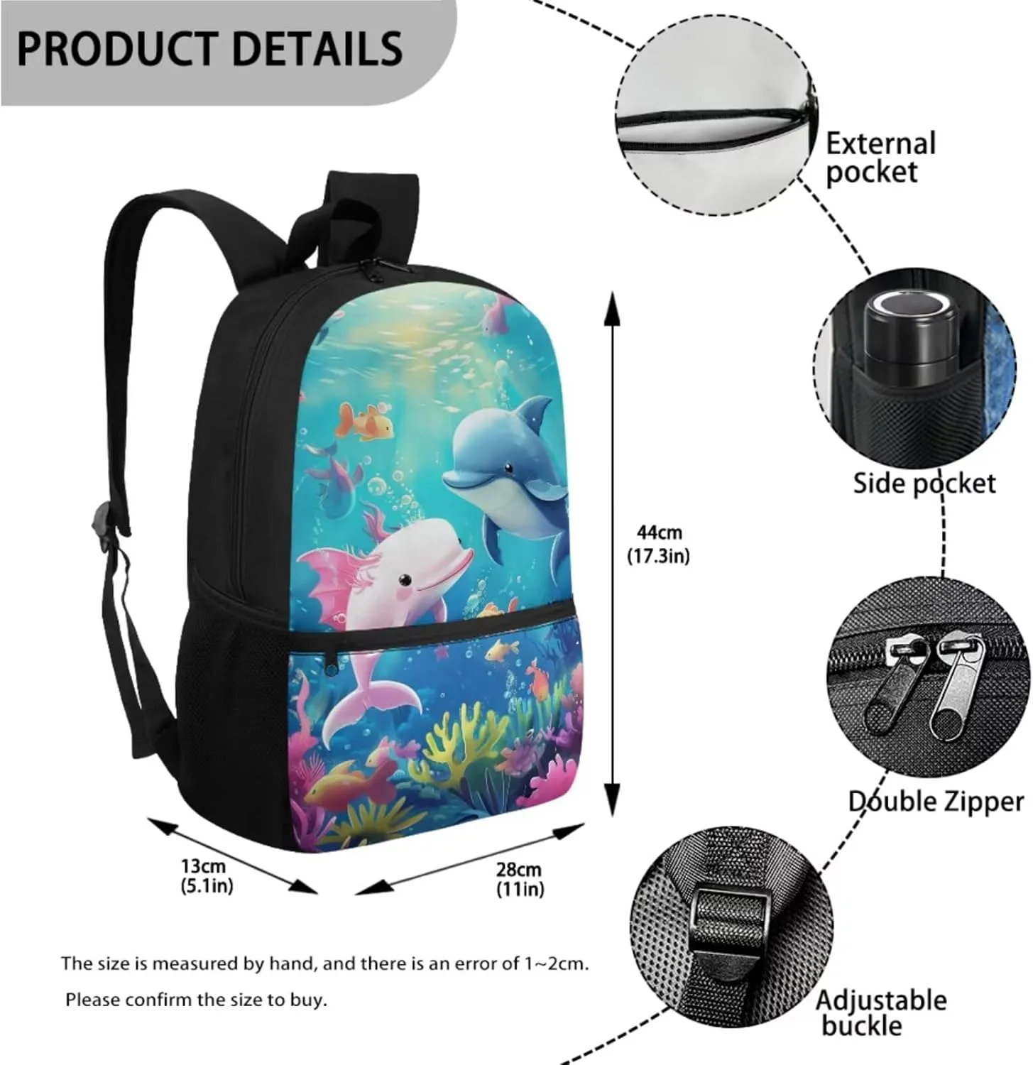 Axolotl Dolphin Backpack with Lunch Box Cute Backpacks Back to School for Girls 8 to 12 Kids Lunchbox Pencil Case 17 Inch School Bag and Lunch Bag for Girls Primary Middle School