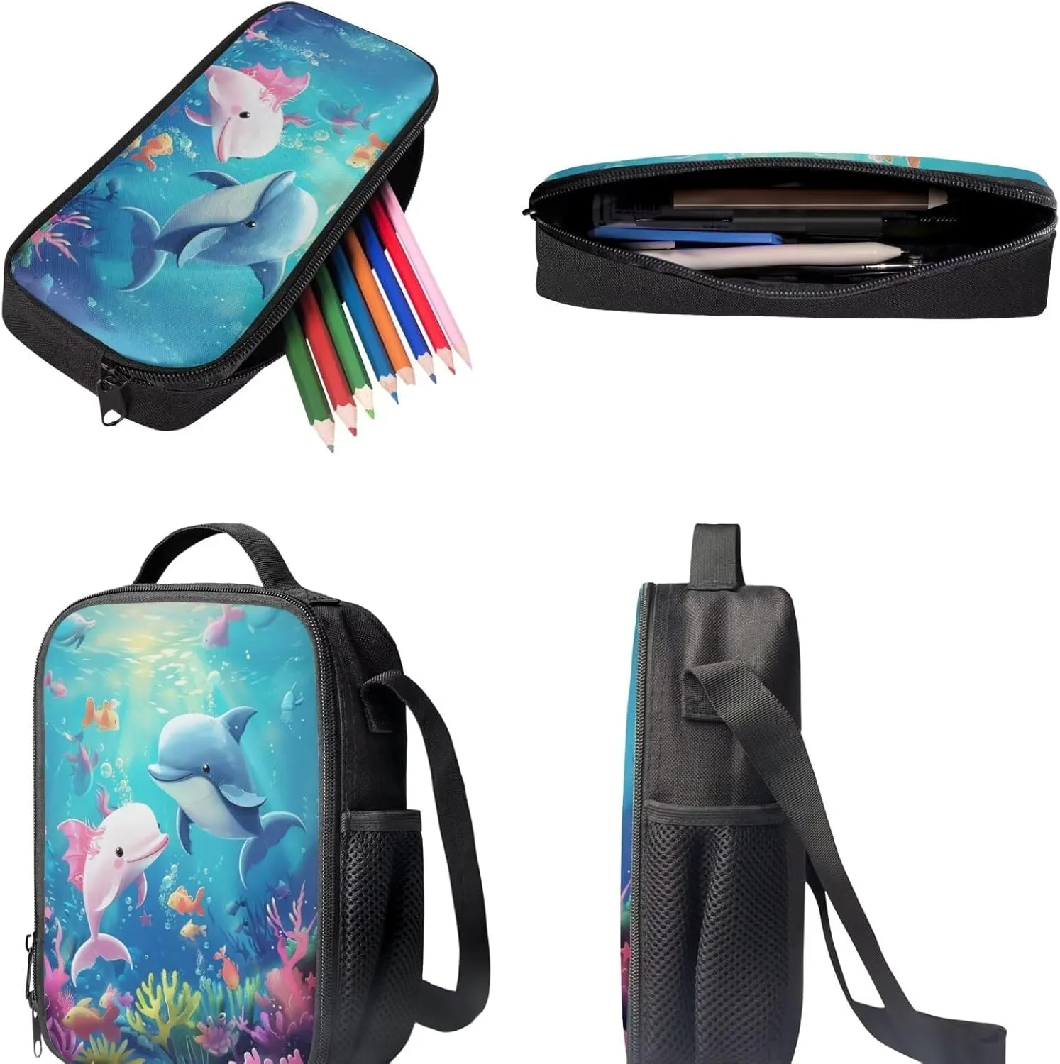 Axolotl Dolphin Backpack with Lunch Box Cute Backpacks Back to School for Girls 8 to 12 Kids Lunchbox Pencil Case 17 Inch School Bag and Lunch Bag for Girls Primary Middle School