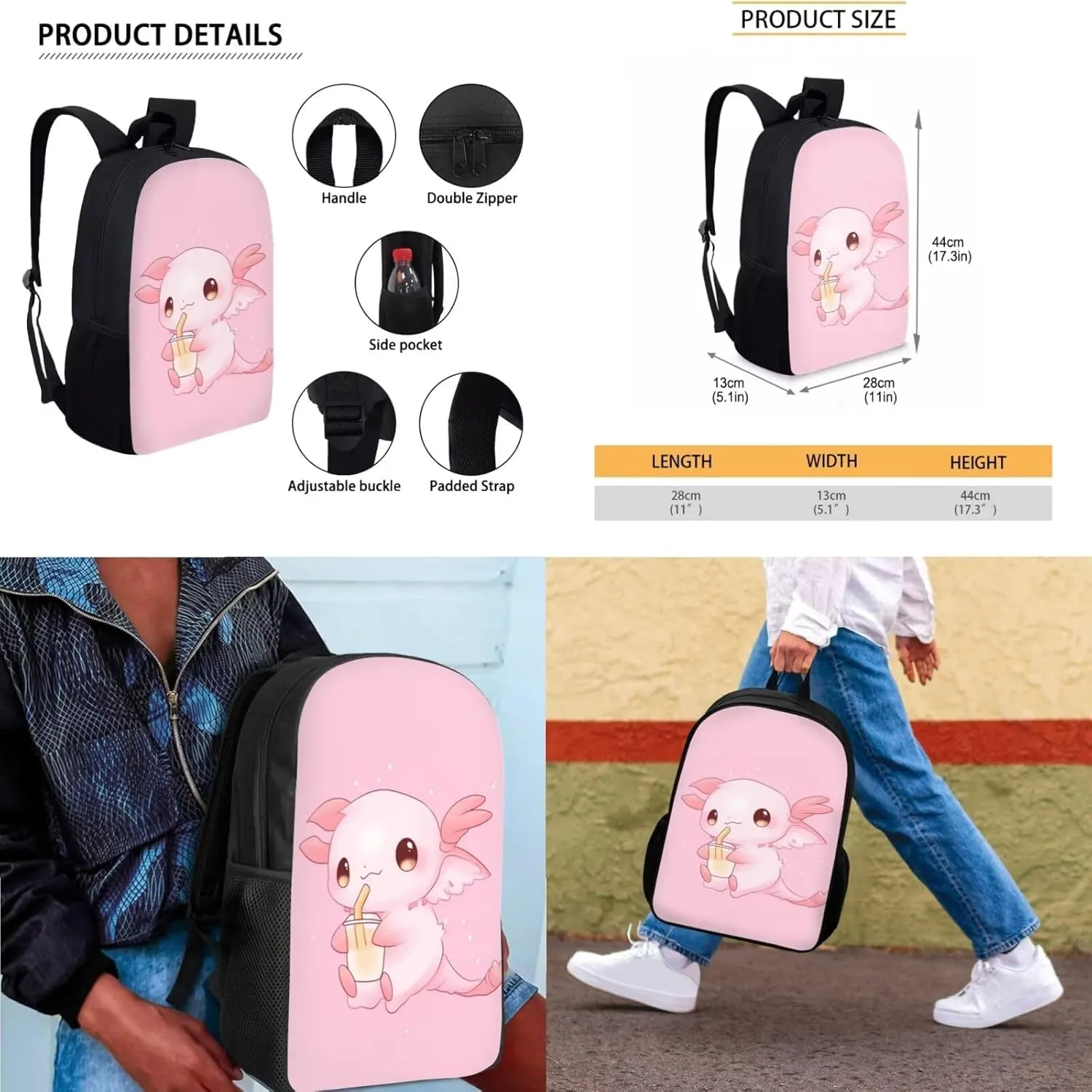 Axolotl Preschool Backpack and Lunch Box Set with School Pencil Case Lightweight Elementary Bookbag for Students Gift for Birthdays,Thanksgiving Day,Christmas,New Year