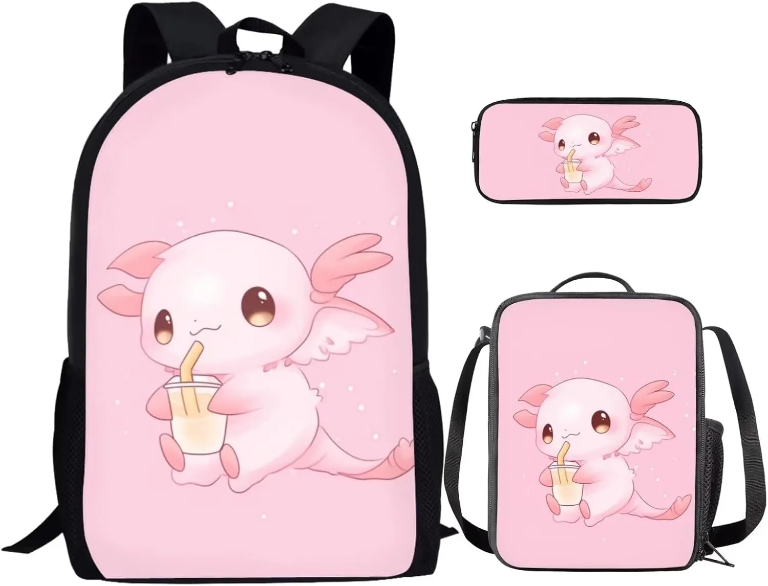 Axolotl Preschool Backpack and Lunch Box Set with School Pencil Case Lightweight Elementary Bookbag for Students Gift for Birthdays,Thanksgiving Day,Christmas,New Year
