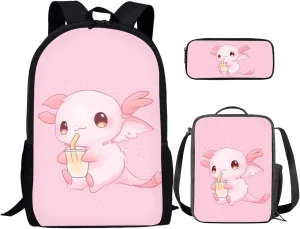 Axolotl Preschool Backpack and Lunch Box Set with School Pencil Case Lightweight Elementary Bookbag for Students Gift for Birthdays,Thanksgiving Day,Christmas,New Year