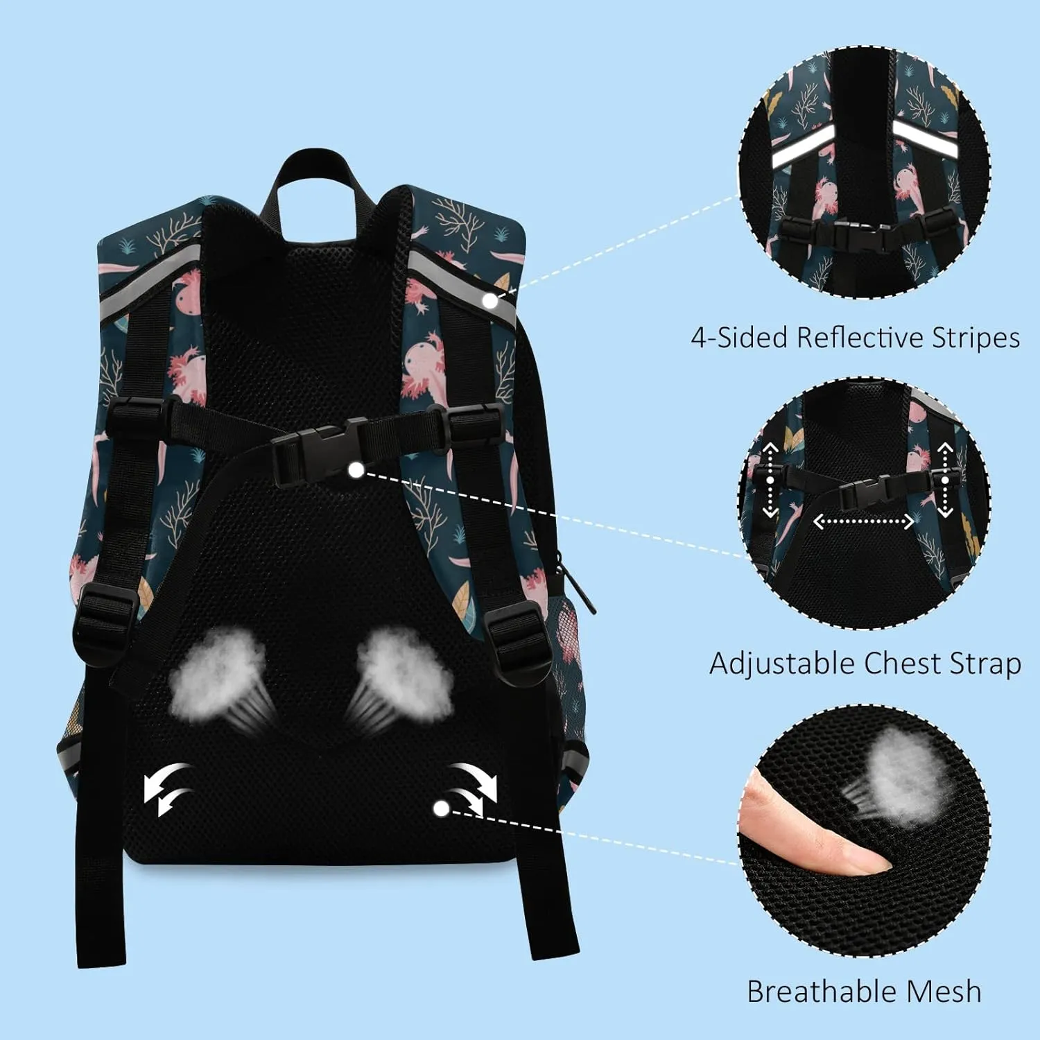 Axolotl Preschool Backpacks,Kid's Casual Travel Bookbag with Leash,Cute Toddler Backpacks for Boys and Girls