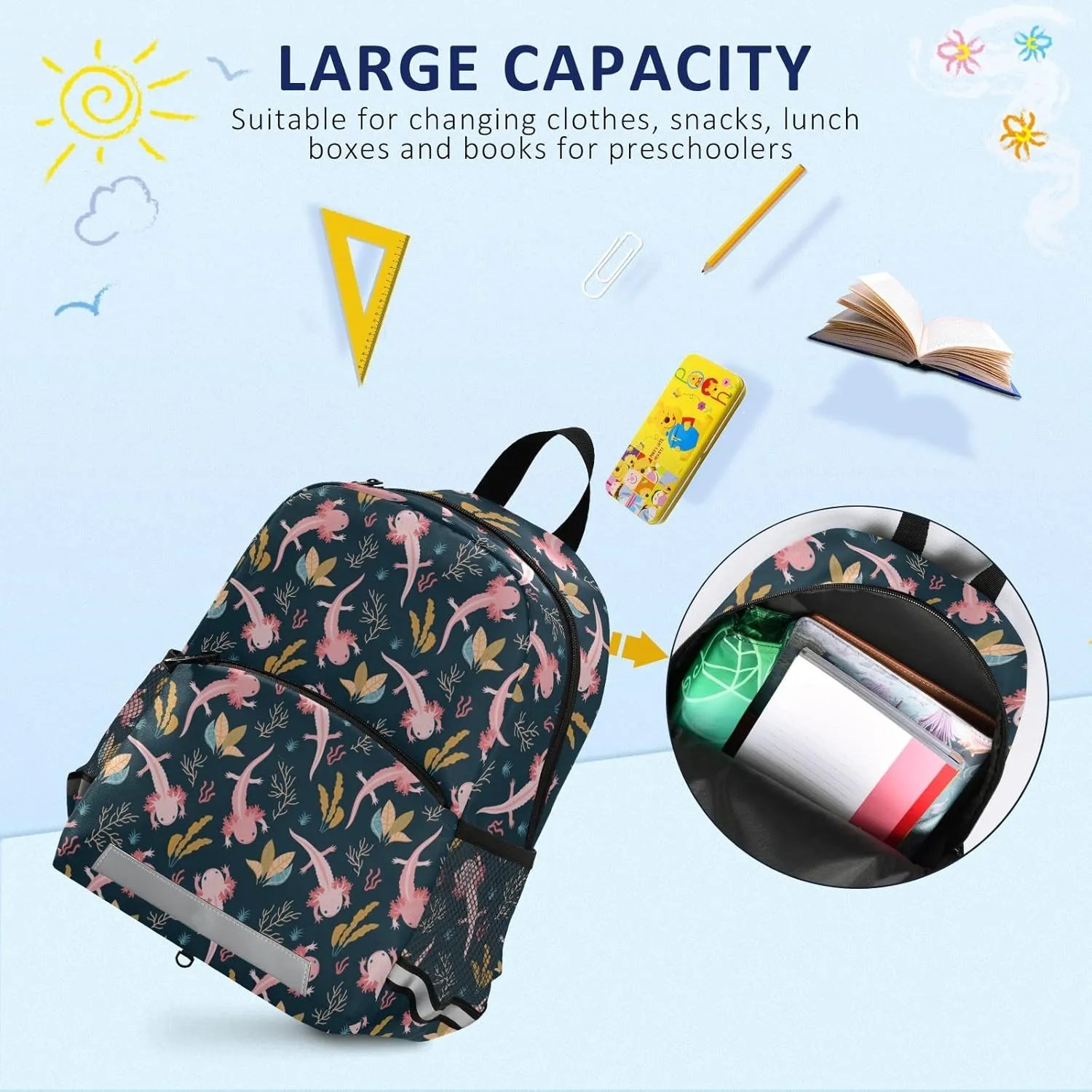 Axolotl Preschool Backpacks,Kid's Casual Travel Bookbag with Leash,Cute Toddler Backpacks for Boys and Girls