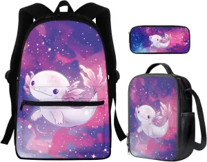 Axolotl Toddler Backpack and Lunch Box Set Boys 2-4 School Bags for Teens Girls Back to School Bag for Girls 8-10 Fits Notebooks,Pens,Water Bottles,Phone,Homework,Tablets