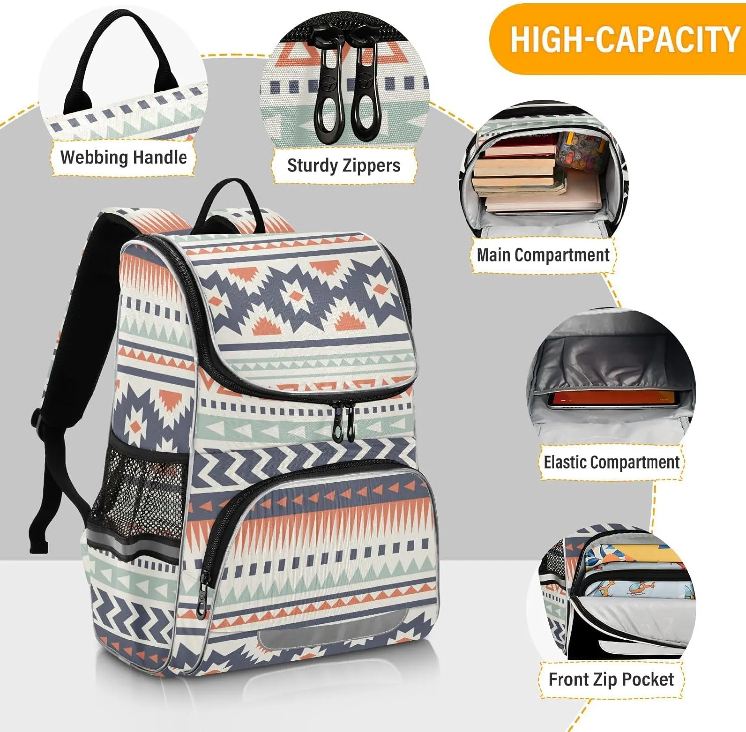 Aztec Backpack for Kids 16 Inches Large Capacity School Bag, Navajo Tribe Print Student Bookbag with Side Pocket, Safety Night Reflective Strip Student School Bag