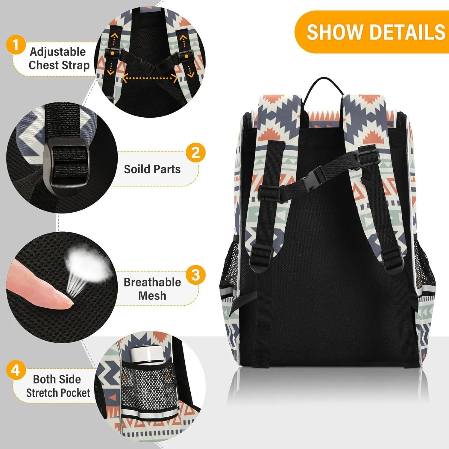 Aztec Backpack for Kids 16 Inches Large Capacity School Bag, Navajo Tribe Print Student Bookbag with Side Pocket, Safety Night Reflective Strip Student School Bag