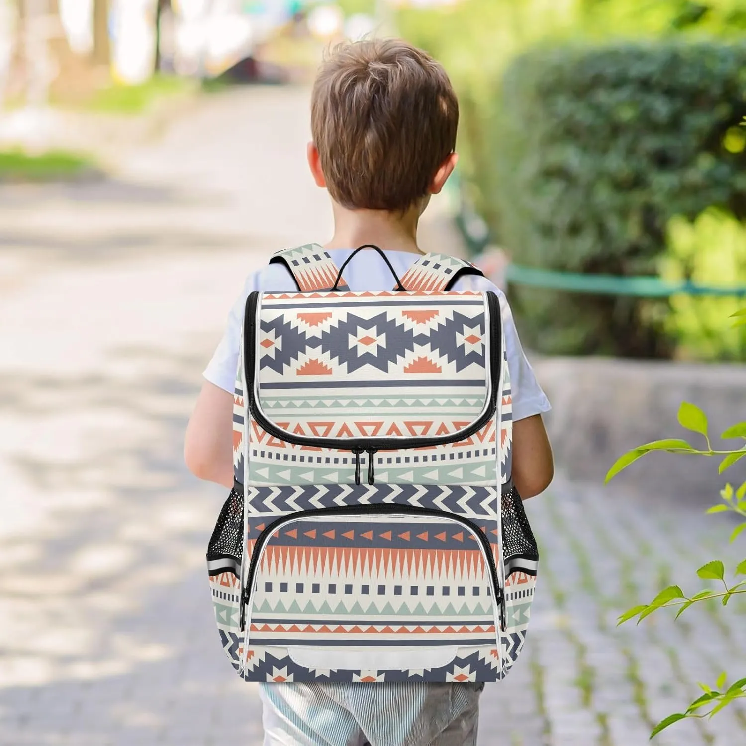 Aztec Backpack for Kids 16 Inches Large Capacity School Bag, Navajo Tribe Print Student Bookbag with Side Pocket, Safety Night Reflective Strip Student School Bag