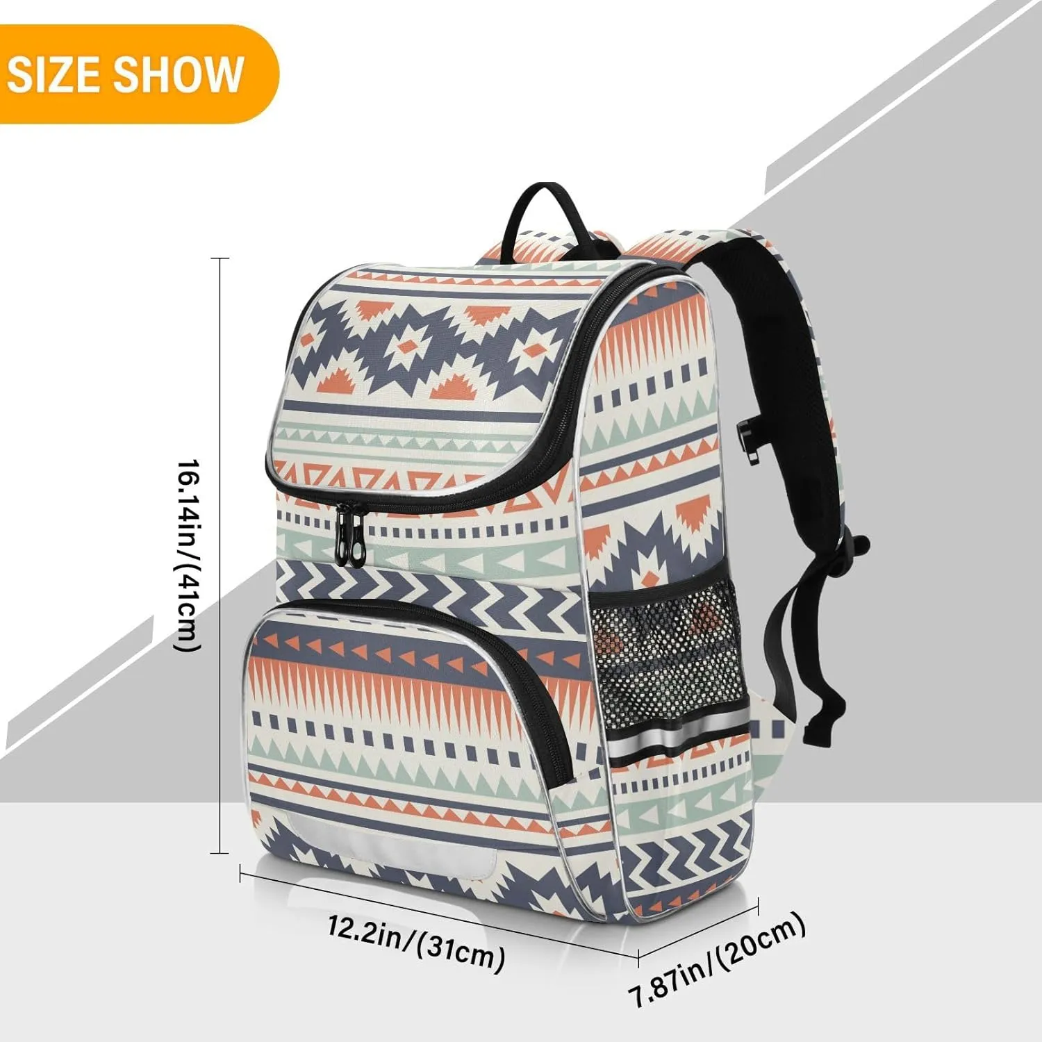 Aztec Backpack for Kids 16 Inches Large Capacity School Bag, Navajo Tribe Print Student Bookbag with Side Pocket, Safety Night Reflective Strip Student School Bag