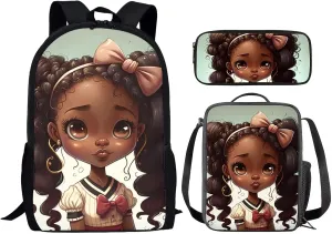 Back Princess Girls Backpack with Lunch Box Pencil Case Set,Kids Book Bag Age 6-8/10-12/14-6,African American Elementary School Bag Lunchbox