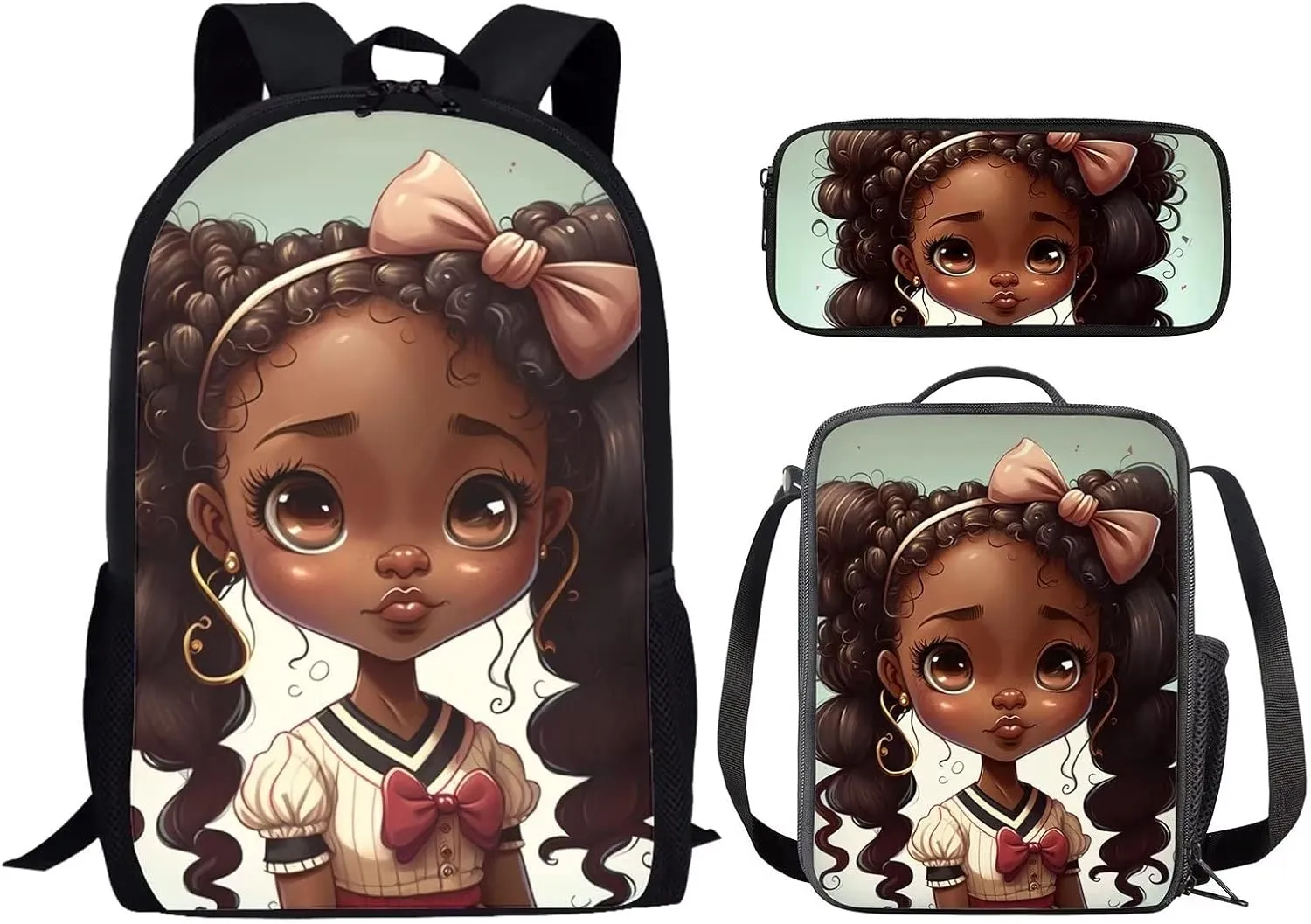 Back Princess Girls Backpack with Lunch Box Pencil Case Set,Kids Book Bag Age 6-8/10-12/14-6,African American Elementary School Bag Lunchbox