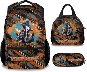 Backpack and Lunch Box - Custom Cool Motorcycle Backpacks with Lunch Bag for Kids Boys - 17 Inch 3 in 1 Bookbag Set for School, Travel