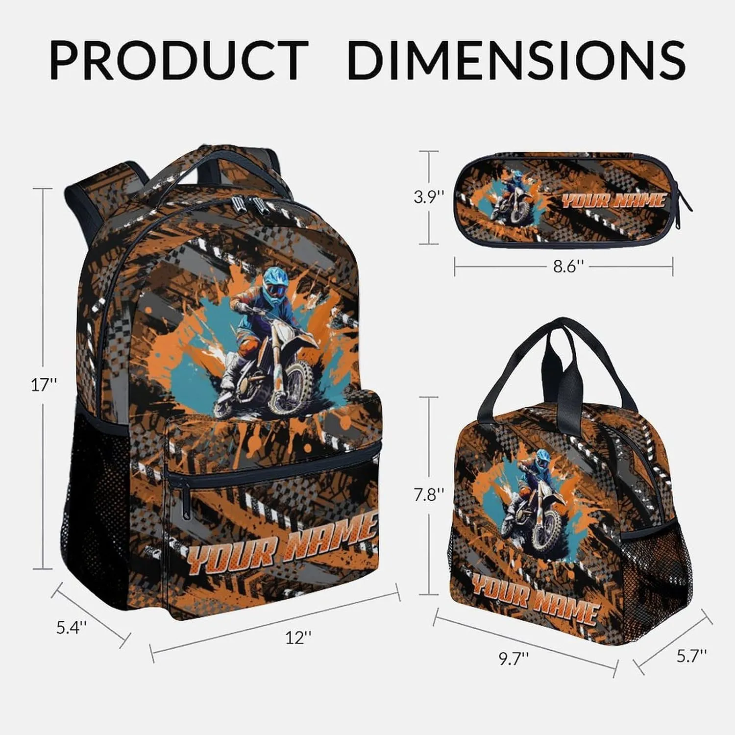 Backpack and Lunch Box - Custom Cool Motorcycle Backpacks with Lunch Bag for Kids Boys - 17 Inch 3 in 1 Bookbag Set for School, Travel
