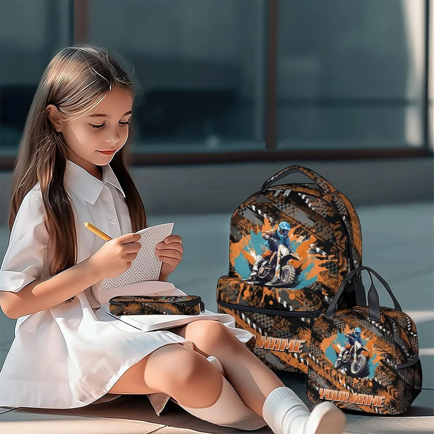 Backpack and Lunch Box - Custom Cool Motorcycle Backpacks with Lunch Bag for Kids Boys - 17 Inch 3 in 1 Bookbag Set for School, Travel