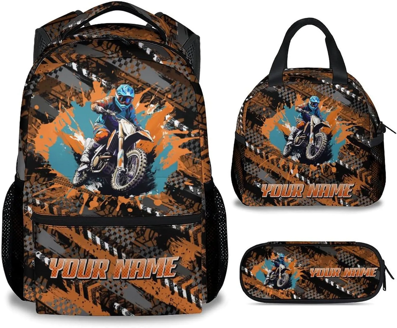 Backpack and Lunch Box - Custom Cool Motorcycle Backpacks with Lunch Bag for Kids Boys - 17 Inch 3 in 1 Bookbag Set for School, Travel