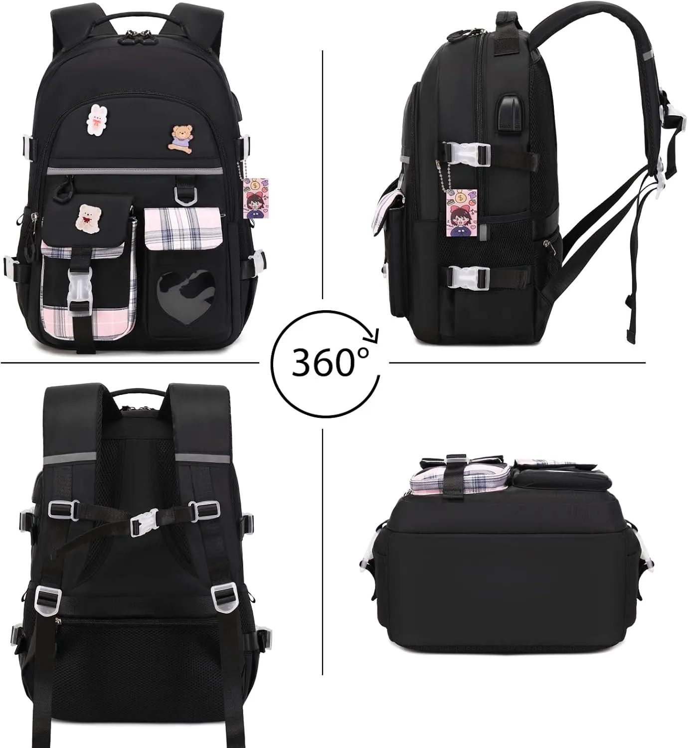 Backpack for Girls - Bookbag Backpacks Schoolbag for Girls Kids Teen Women Casual Travel Daypacks - School Bag Elementary Middle School College Cute Backpack with Lunch Box (Black)