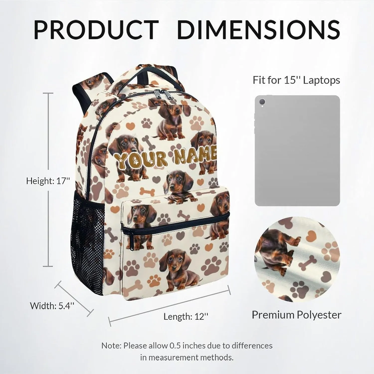 Backpack for Kids, Personalization Cute Dachshunds Backpack for Boys Girls, 17 Inch Custom Dog Bookbag for Elementary Middle
