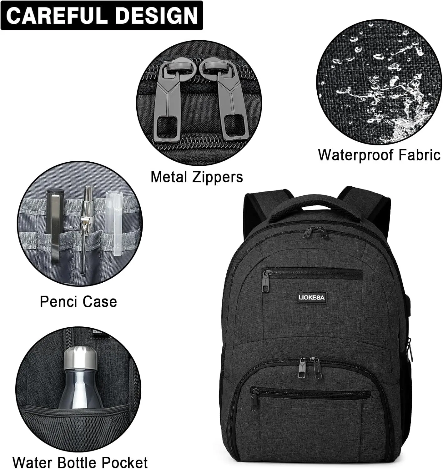 Backpack for Men Women, School Backpacks for Teen Boys Girls, Water Resistant Laptop Backpack with USB Charger, 15.6 Inch Black College Bookbag