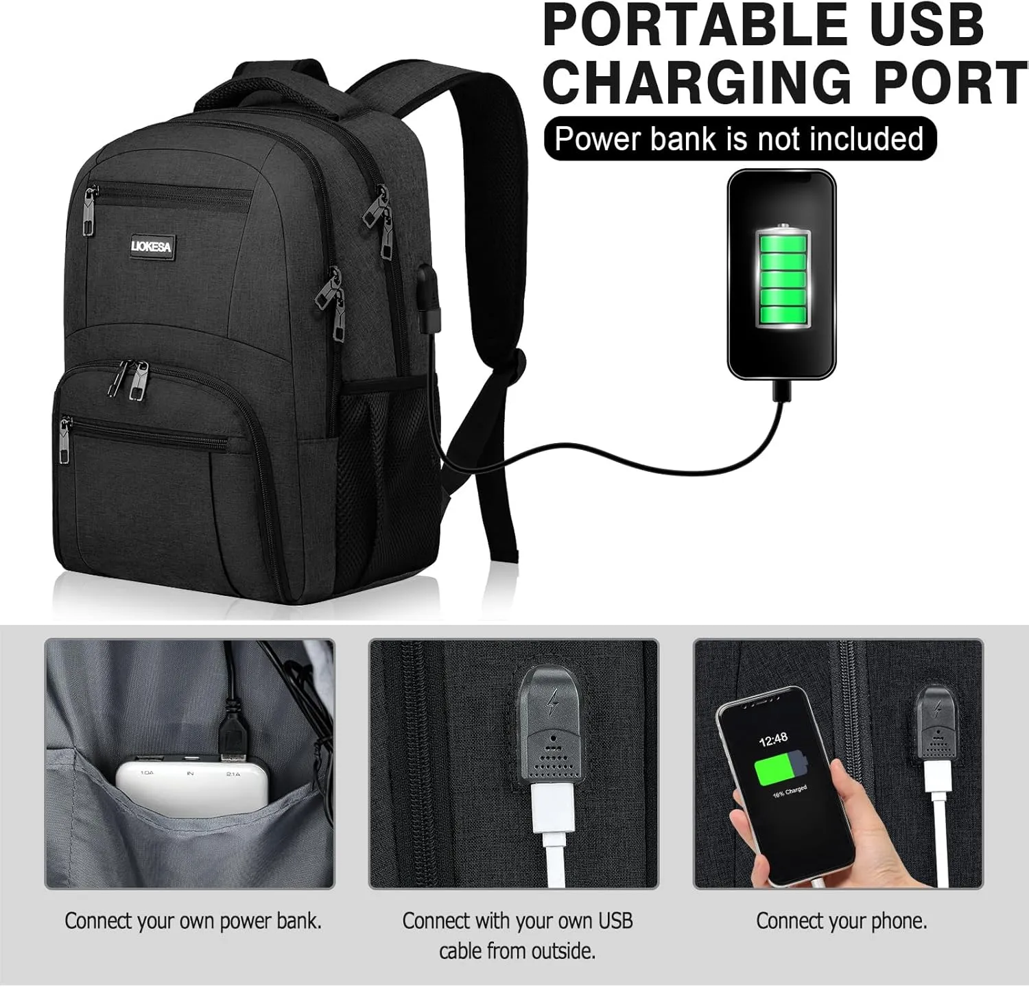 Backpack for Men Women, School Backpacks for Teen Boys Girls, Water Resistant Laptop Backpack with USB Charger, 15.6 Inch Black College Bookbag