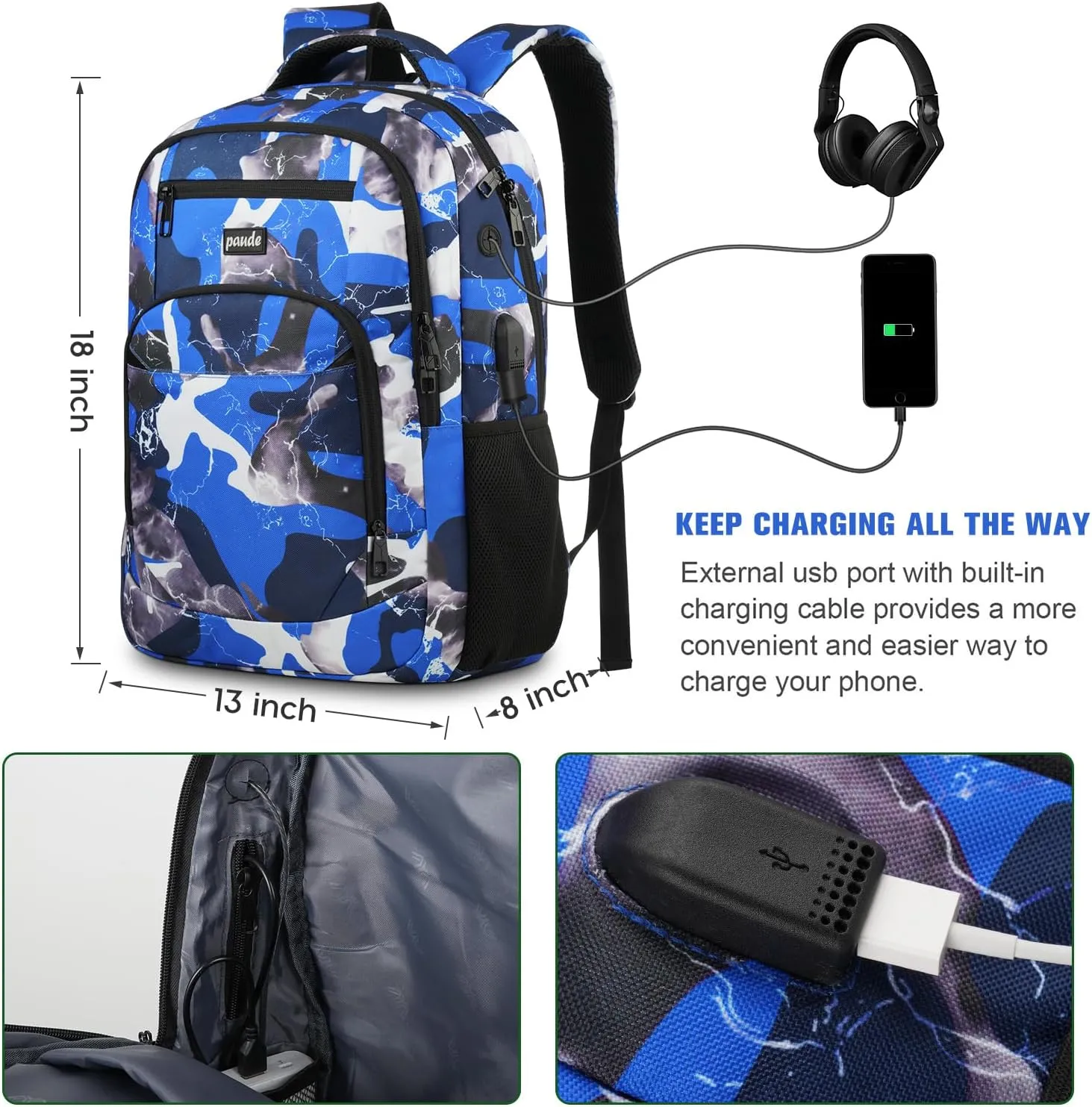 Backpack for Men,College Backpack High School Bookbag for Teen Boys Laptop Bookbag with USB Port