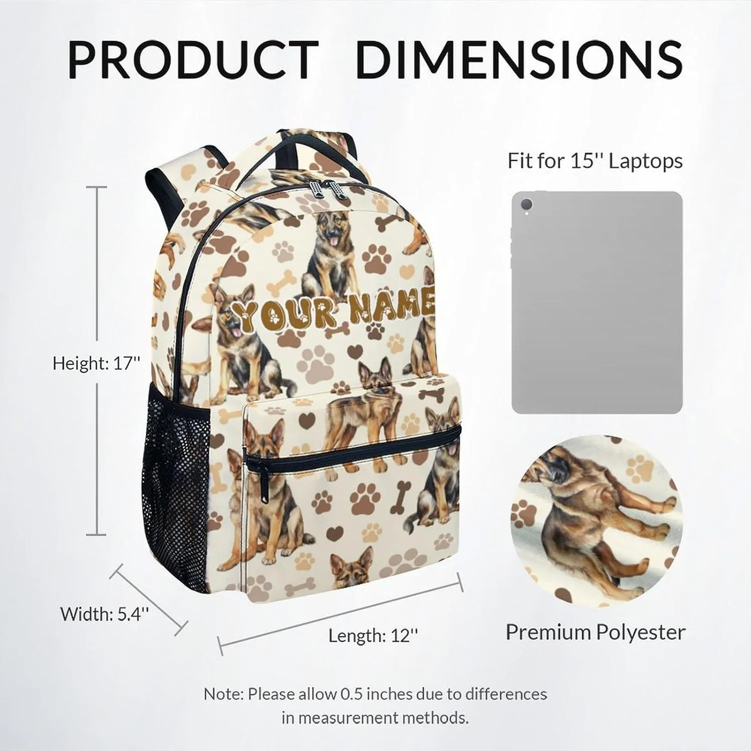 Backpack for School, 17 Inch Custom Dog Bookbag for Elementary Middle, Personalization Cute German Shepherd Kids Backpacks for Boys Girls