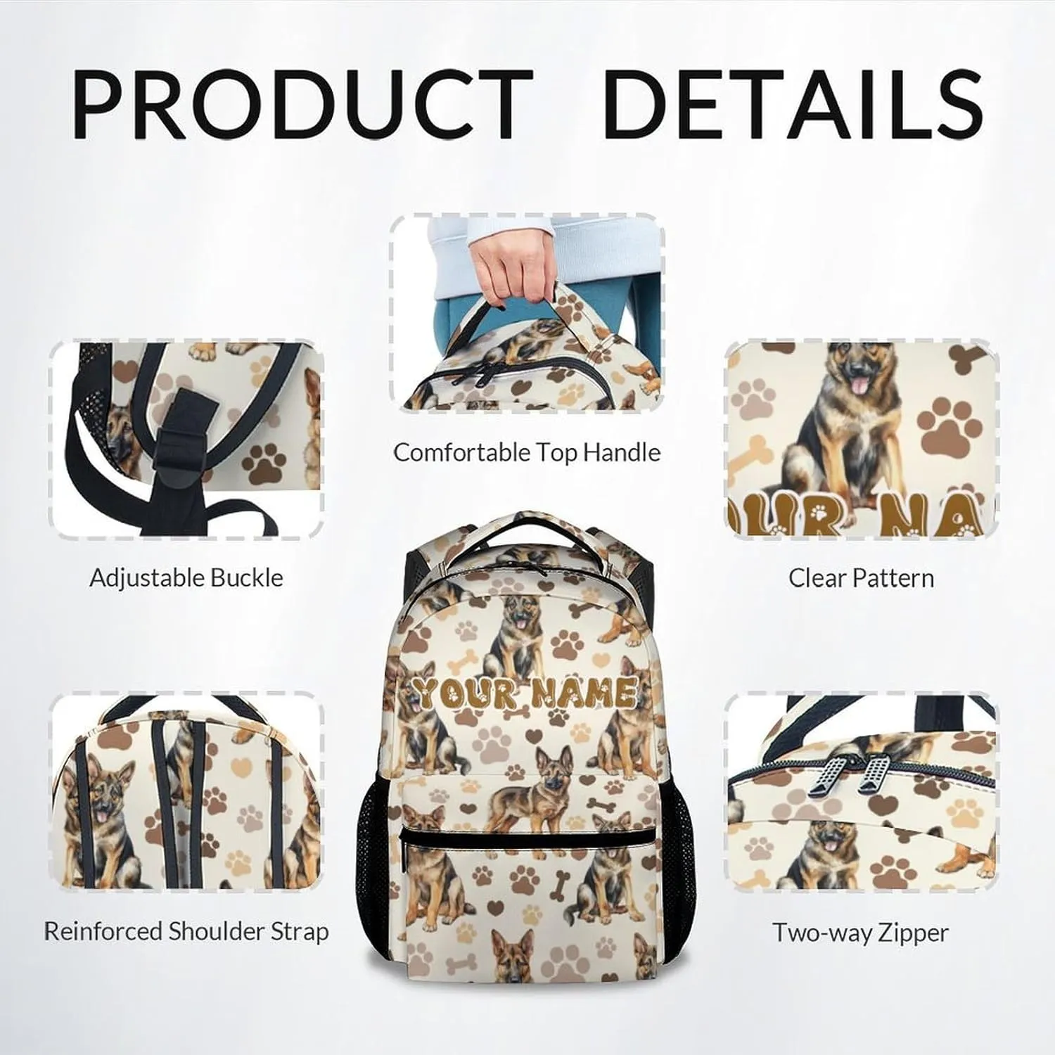 Backpack for School, 17 Inch Custom Dog Bookbag for Elementary Middle, Personalization Cute German Shepherd Kids Backpacks for Boys Girls